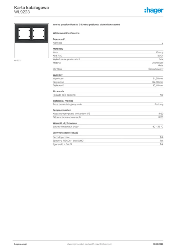 Zdjęcie Hager Karta katalogowa WL9223 | Hager Polska