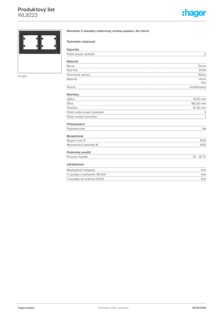 Obrázek Hager Produktový list WL9223 | Hager