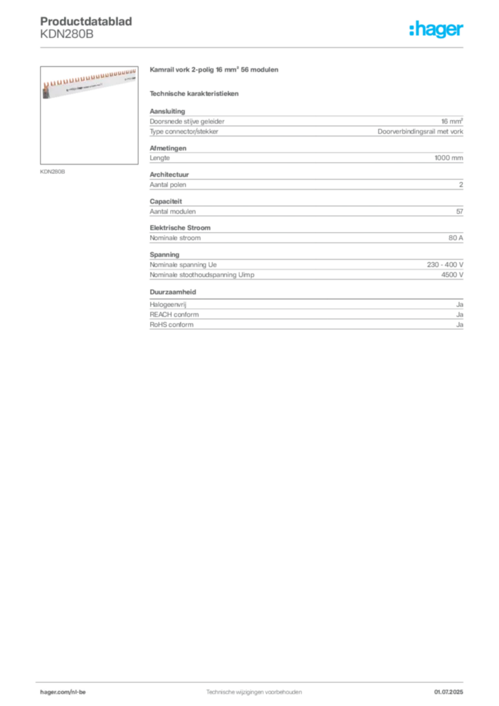 Afbeelding Hager Productdatablad KDN280B | Hager Belgium