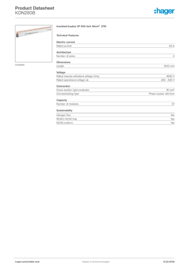 Image Hager Product data sheet KDN280B  | Hager