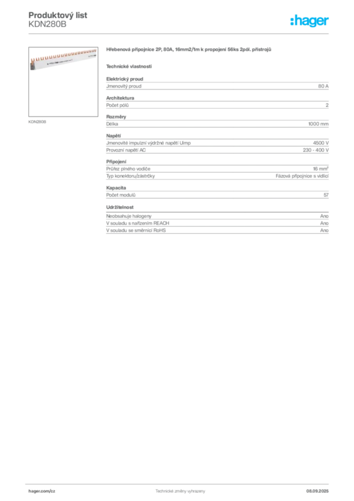 Obrázek Hager Produktový list KDN280B | Hager
