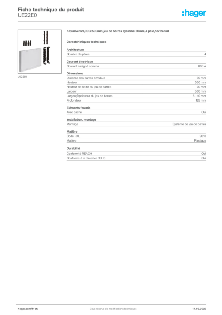 Image Hager Fiche technique du produit UE22E0 | Hager Suisse