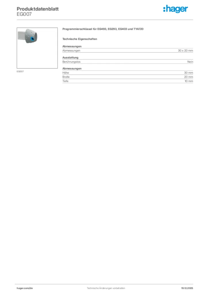 Bild Hager Produktdatenblatt EG007 | Hager Deutschland