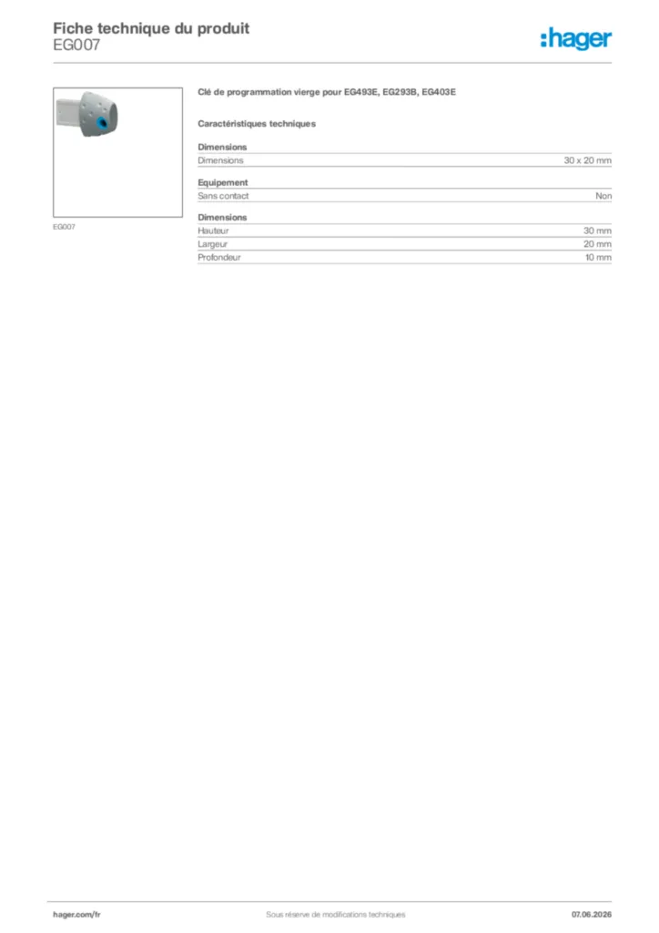 Image Hager Fiche technique du produit EG007 | Hager France