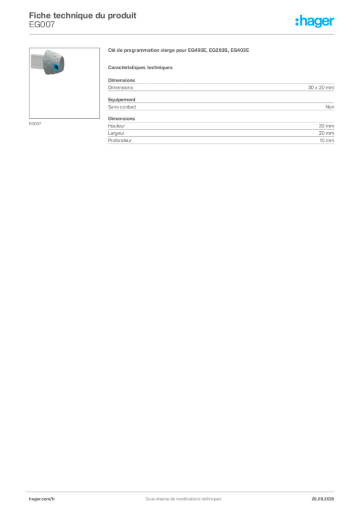 Image Hager Fiche technique du produit EG007 | Hager France