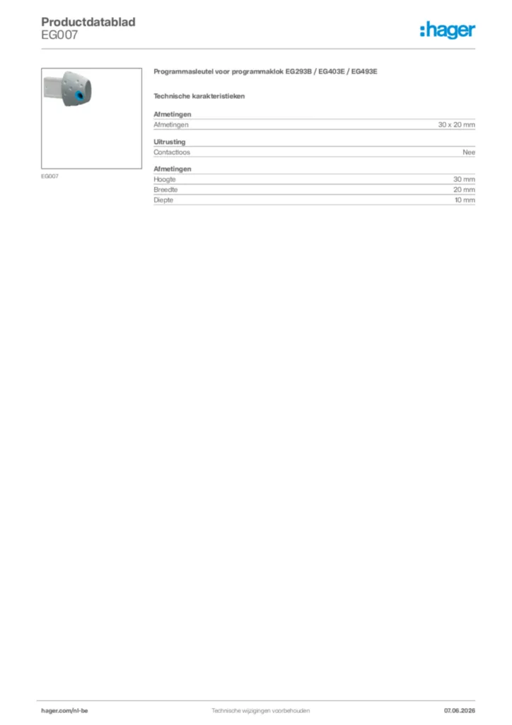 Afbeelding Hager Productdatablad EG007 | Hager Belgium