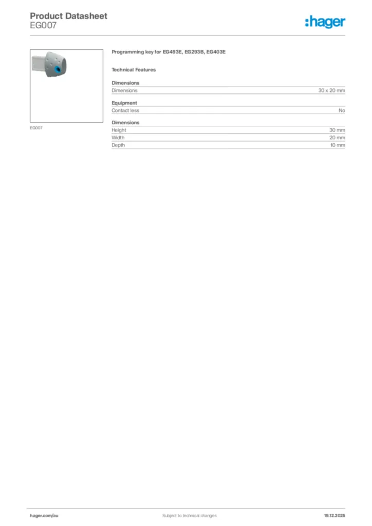 Image Hager Product data sheet EG007  | Hager Australia