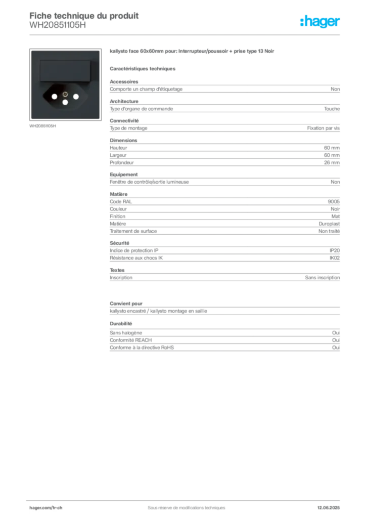 Image Hager Fiche technique du produit WH20851105H | Hager Suisse