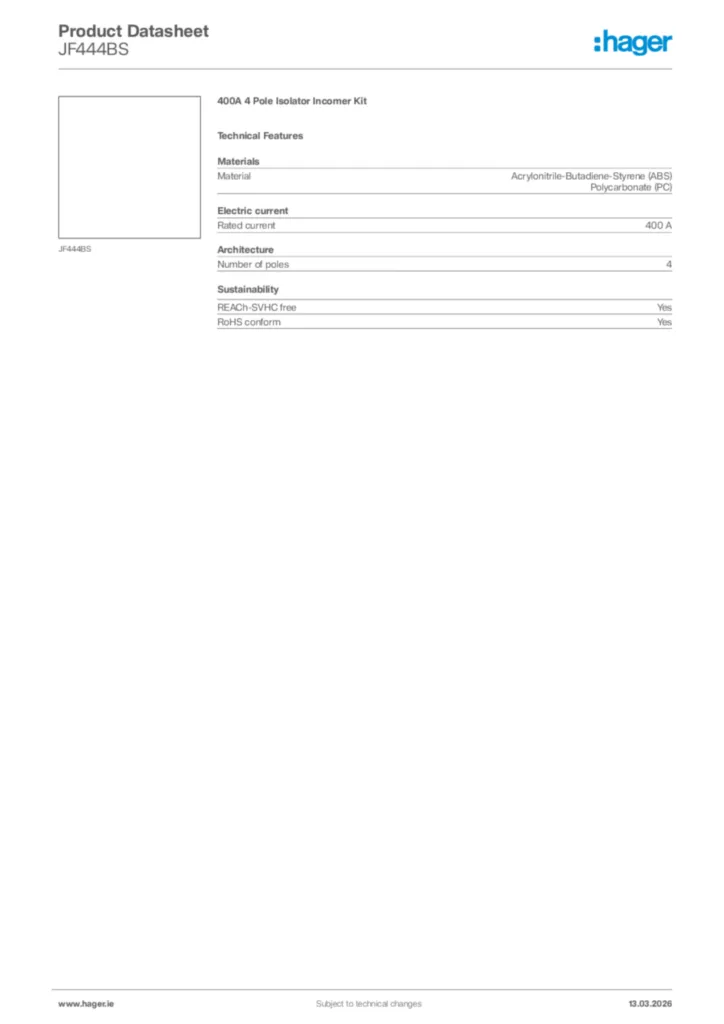 Image Hager Product data sheet JF444BS  | Hager
