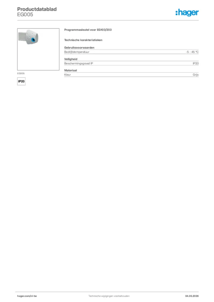 Afbeelding Hager Productdatablad EG005 | Hager Belgium