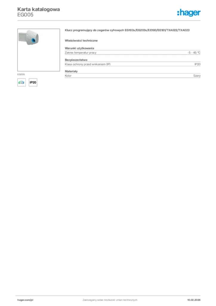Zdjęcie Hager Karta katalogowa EG005 | Hager Polska