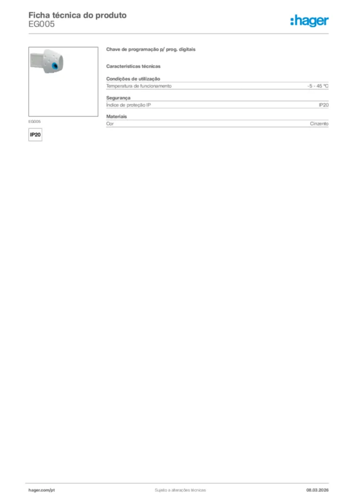 Imagem Hager Ficha técnica do produto EG005 | Hager Portugal