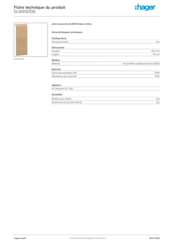 Image Hager Fiche technique du produit SL151007D5 | Hager France