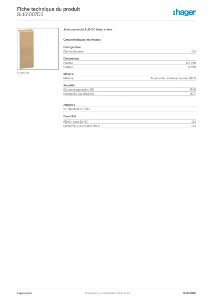 Image Hager Fiche technique du produit SL151007D5 | Hager France