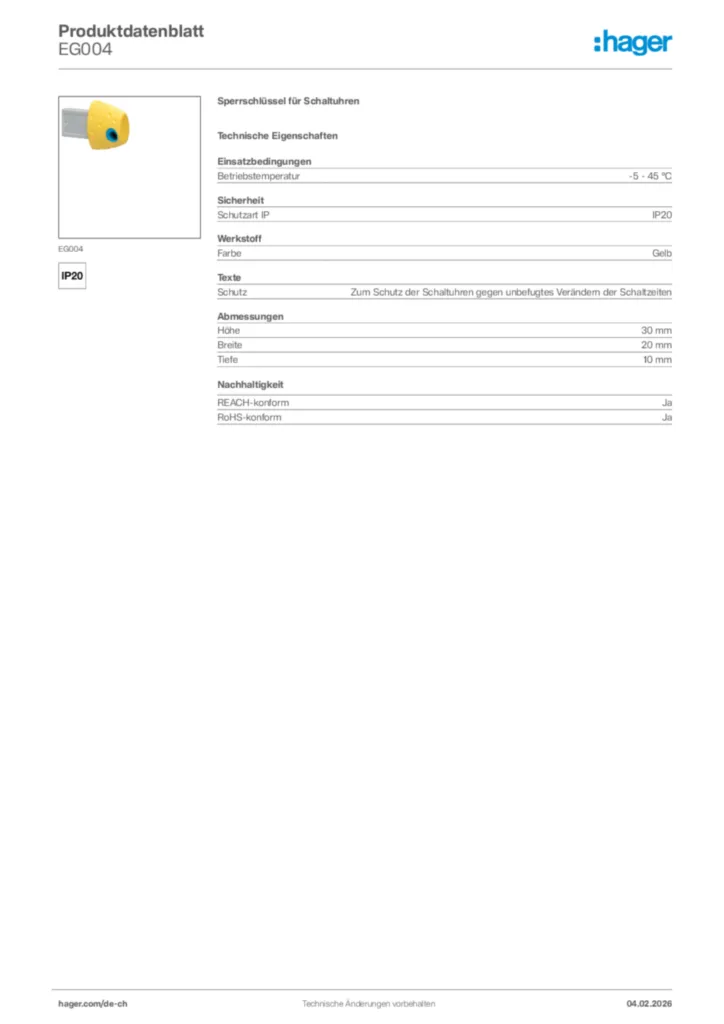 Bild Hager Produktdatenblatt EG004 | Hager Schweiz
