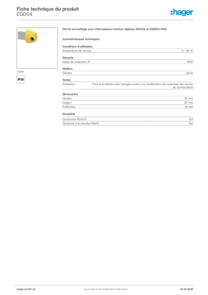 Image Hager Fiche technique du produit EG004 | Hager Suisse