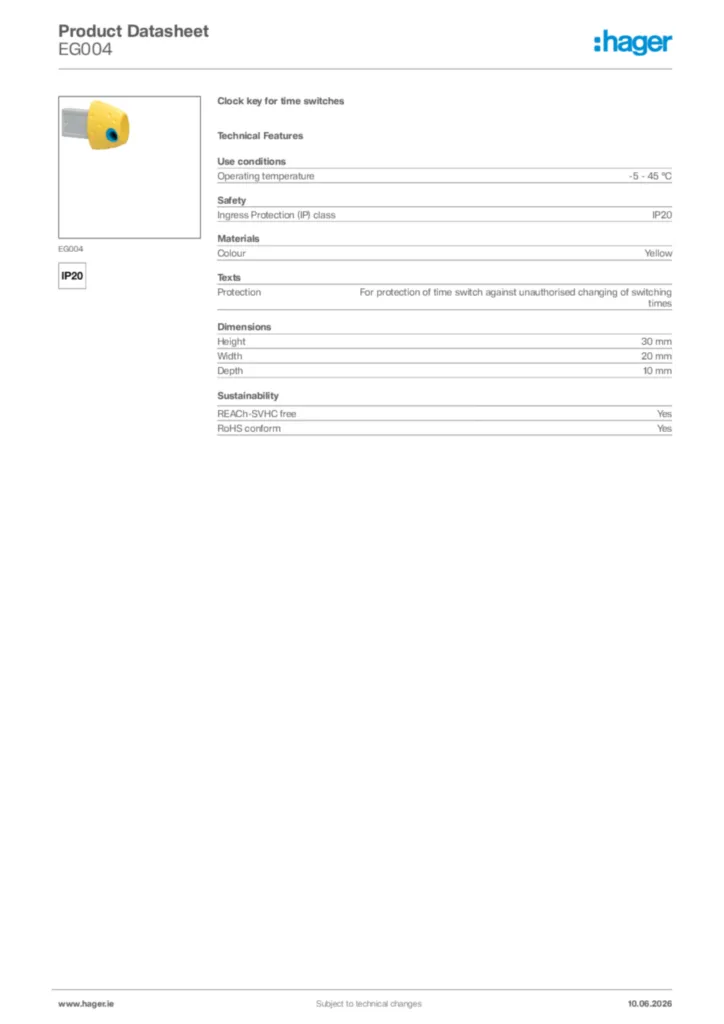 Image Hager Product data sheet EG004  | Hager