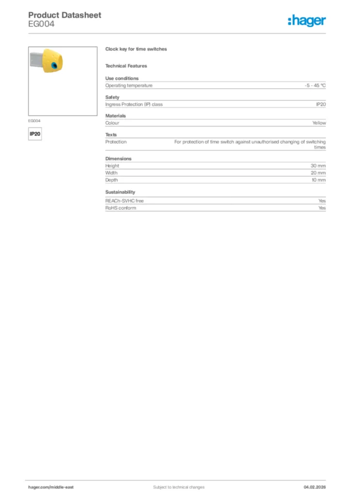 Image Hager Product data sheet EG004  | Hager