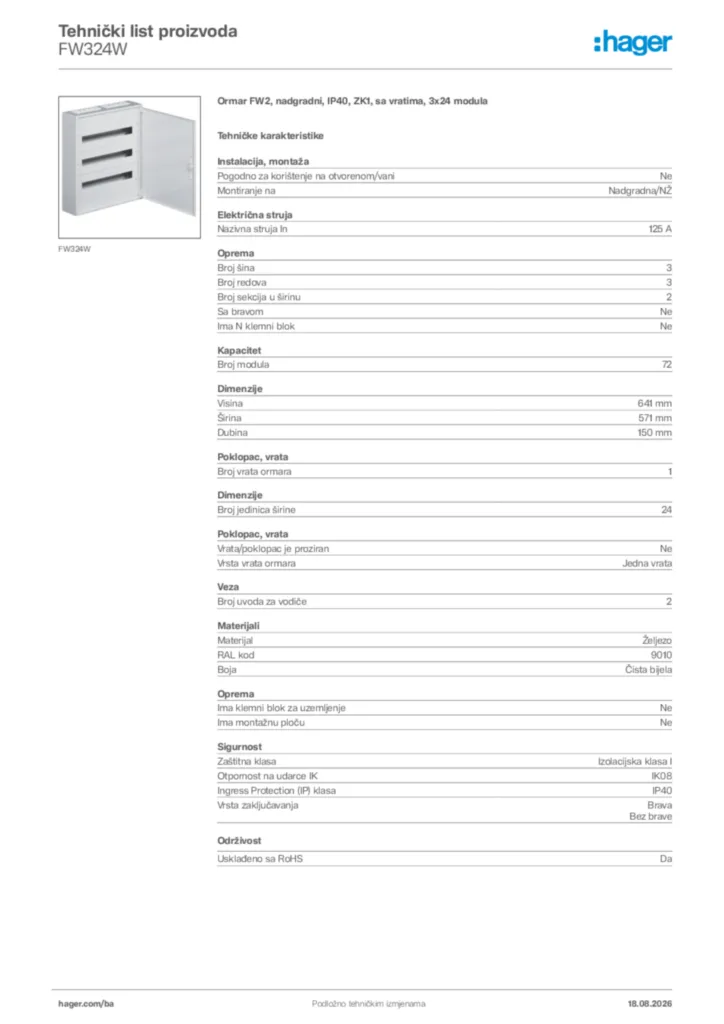 Slika Hager Tehnički list proizvoda FW324W  | Hager