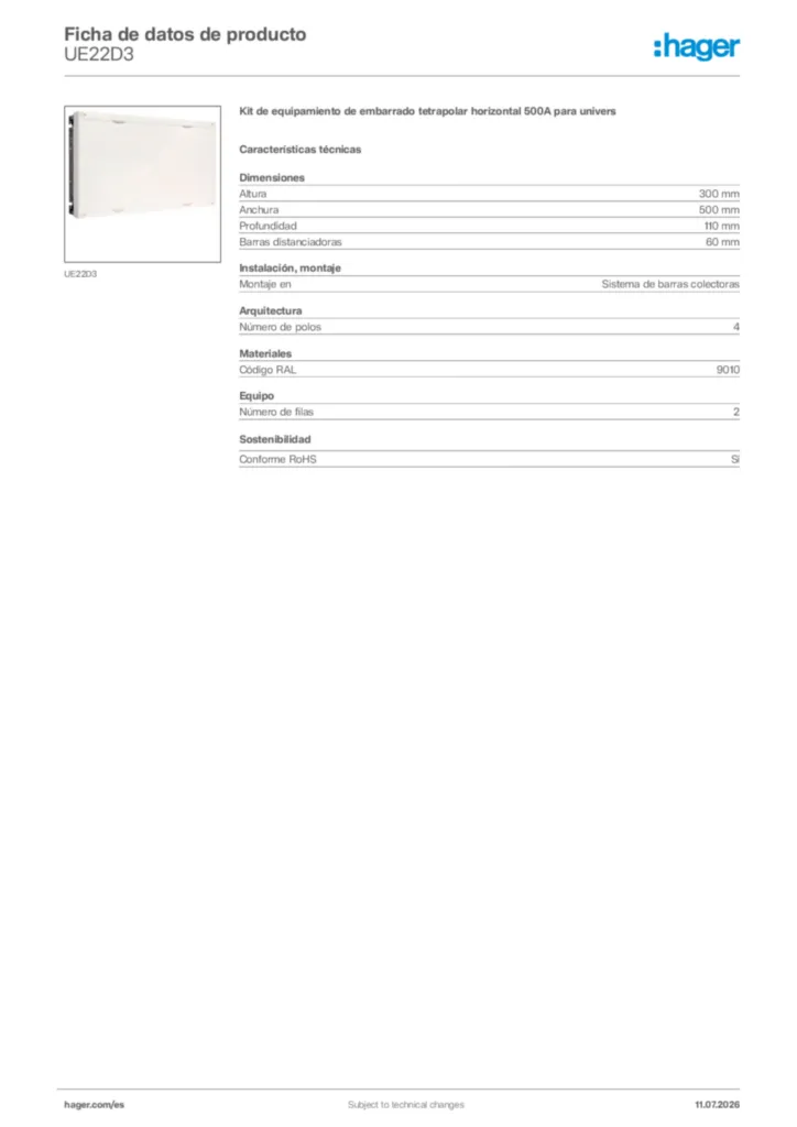 Imagen Hager Ficha de datos de producto UE22D3 | Hager España