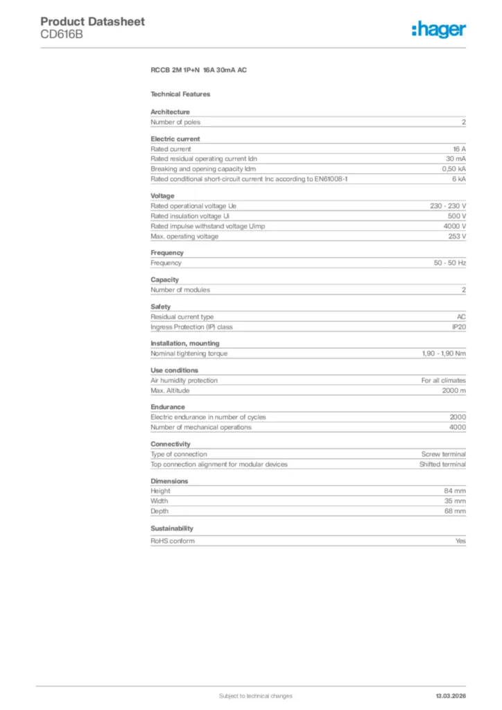 Image Hager Product data sheet CD616B  | Hager