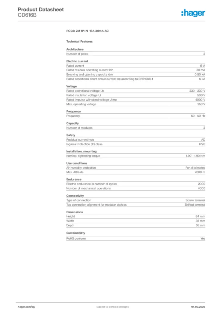 Image Hager Product data sheet CD616B  | Hager