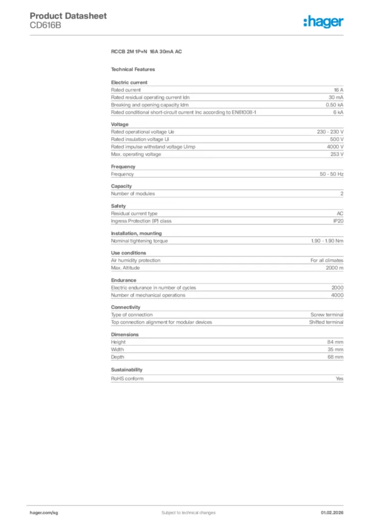 Image Hager Product data sheet CD616B  | Hager