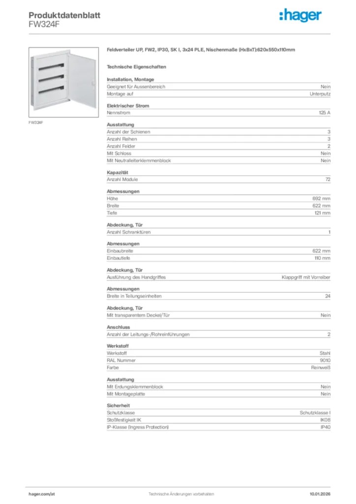 Bild Hager Produktdatenblatt FW324F | Hager Deutschland