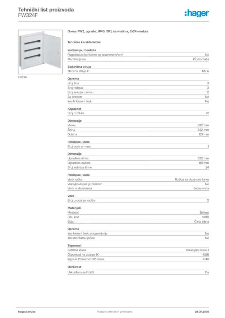 Slika Hager Tehnički list proizvoda FW324F  | Hager