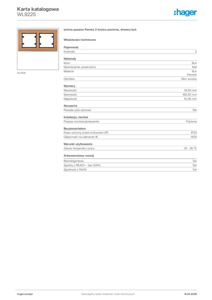 Zdjęcie Hager Karta katalogowa WL9225 | Hager Polska