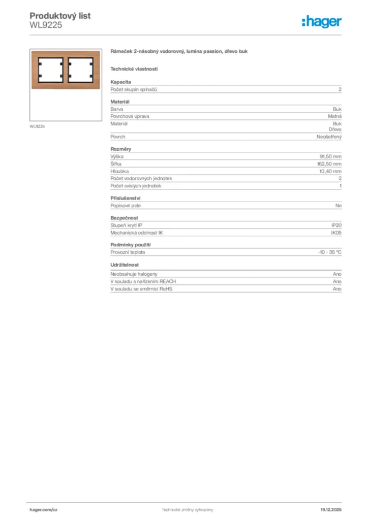 Obrázek Hager Produktový list WL9225 | Hager