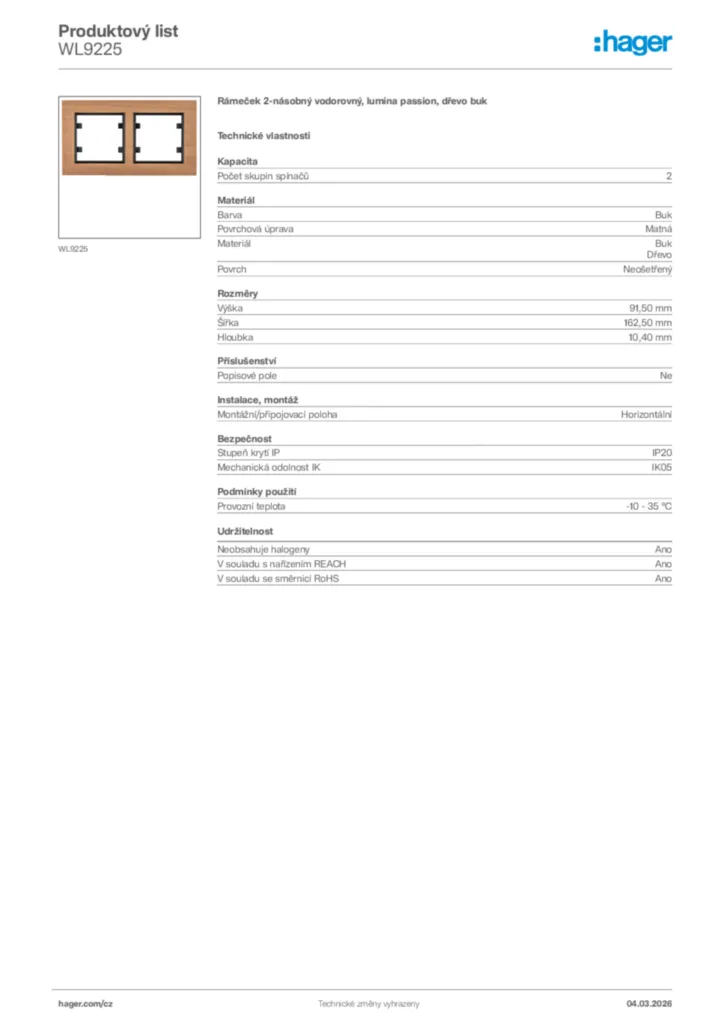 Obrázek Hager Product data sheet WL9225 | Hager
