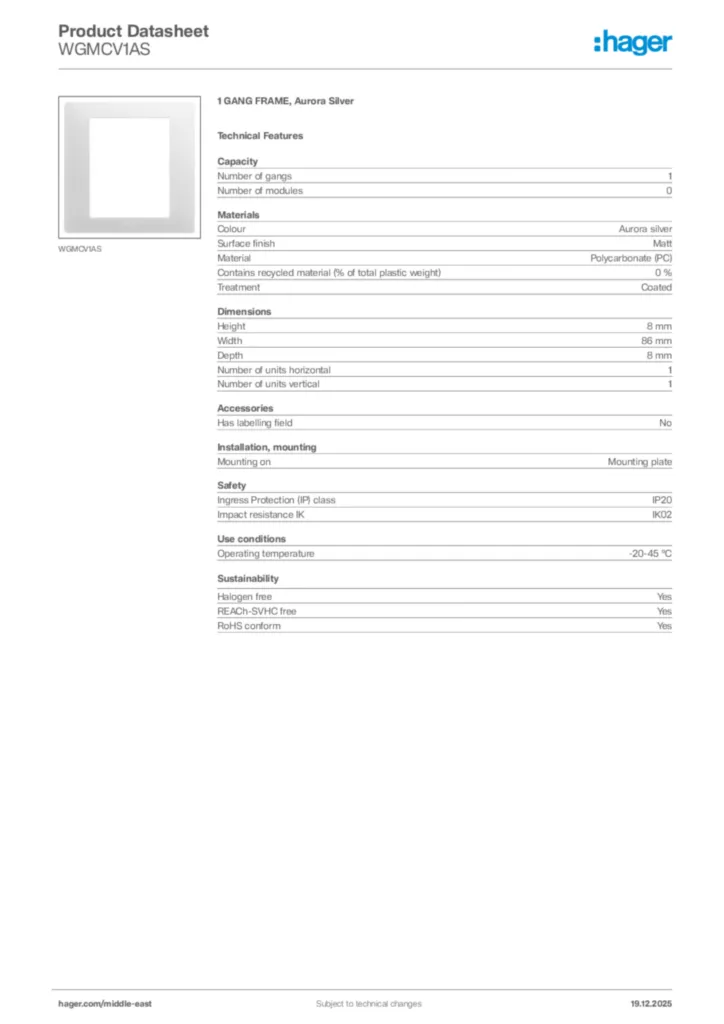 Image Hager Product data sheet WGMCV1AS  | Hager