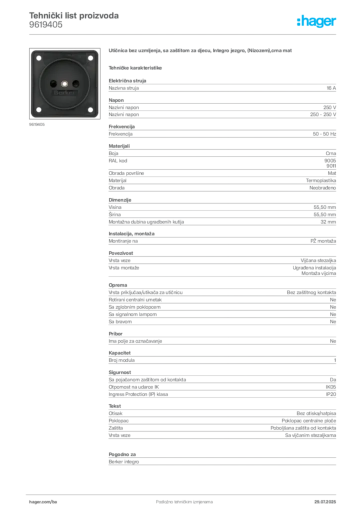Slika Hager Product data sheet 9619405  | Hager