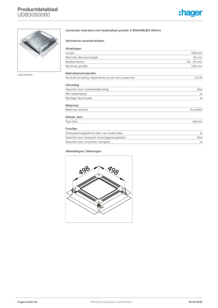 Afbeelding Hager Productdatablad UDB3050080 | Hager Belgium