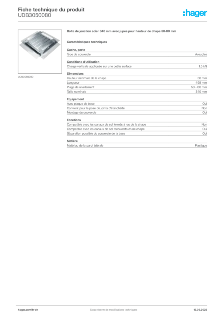 Image Hager Fiche technique du produit UDB3050080 | Hager Suisse