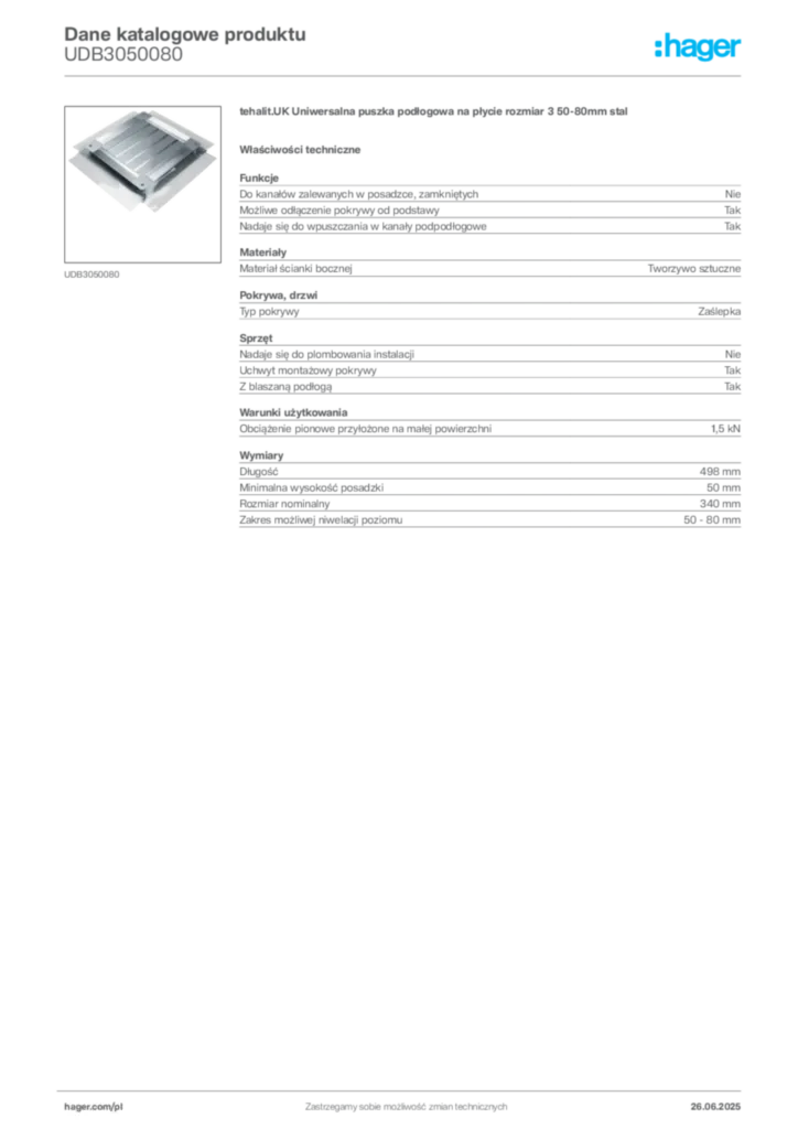 Zdjęcie Hager Karta katalogowa UDB3050080 | Hager Polska
