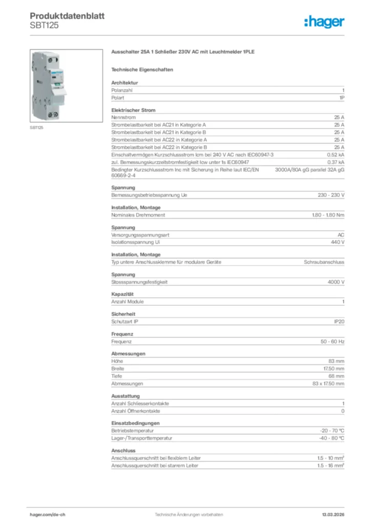 Bild Hager Produktdatenblatt SBT125 | Hager Schweiz