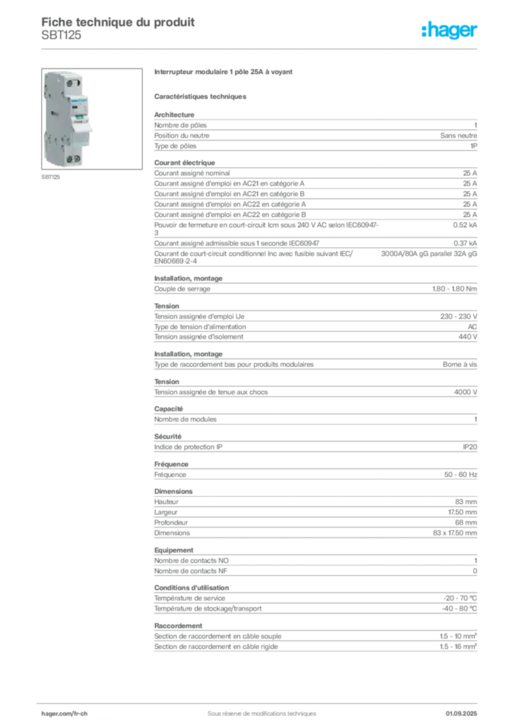 Image Hager Fiche technique du produit SBT125 | Hager Suisse