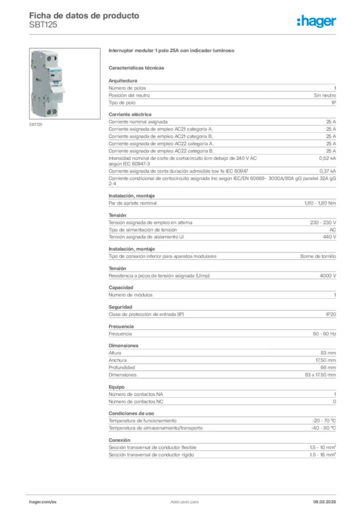 Imagen Hager Ficha de datos de producto SBT125 | Hager España