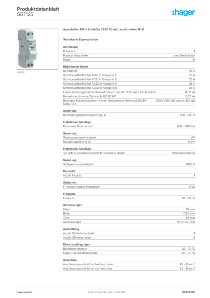 Bild Hager Produktdatenblatt SBT125 | Hager Deutschland