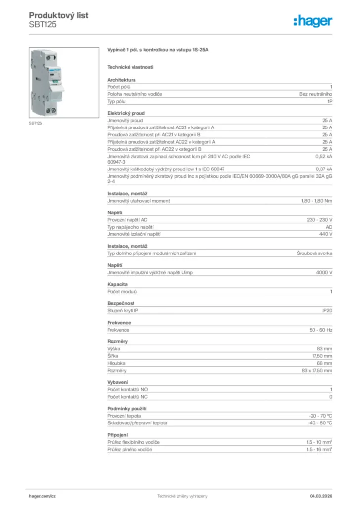 Obrázek Hager Product data sheet SBT125 | Hager