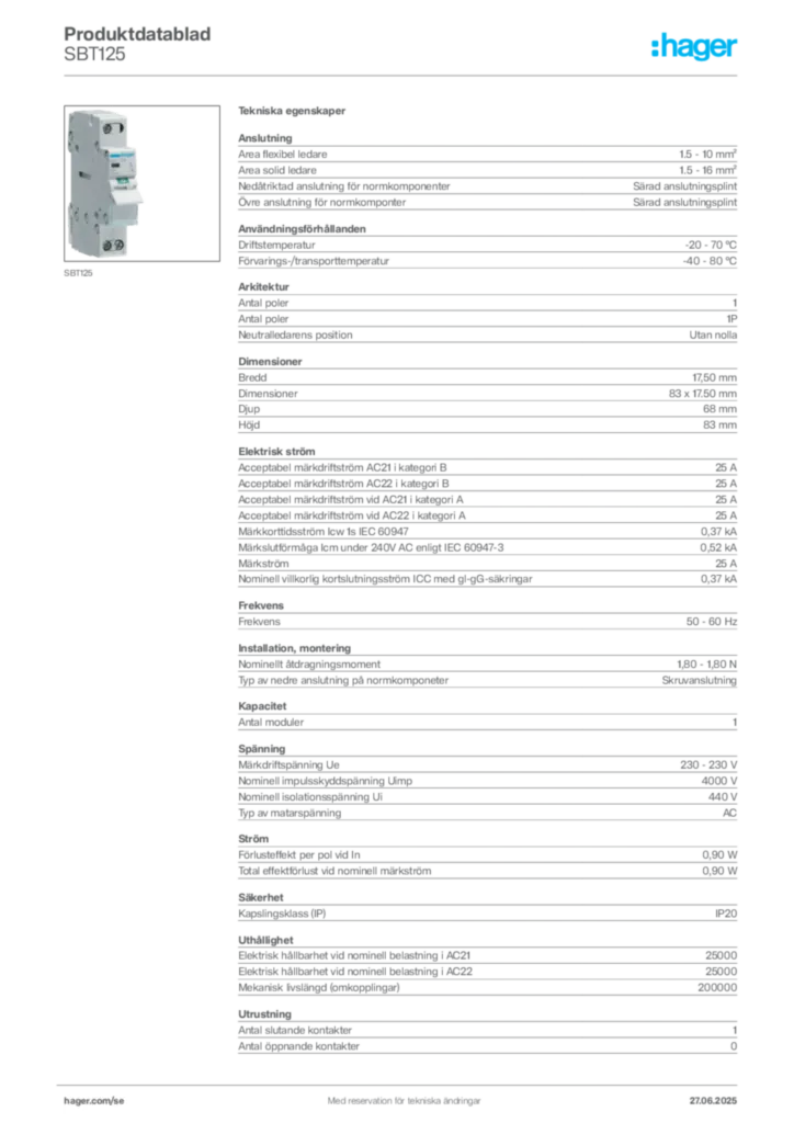 Bild Hager Produktdatablad SBT125 | Hager Sverige