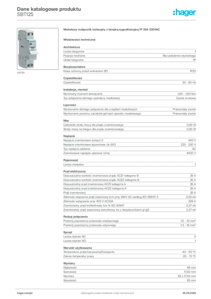 Zdjęcie Hager Karta katalogowa SBT125 | Hager Polska