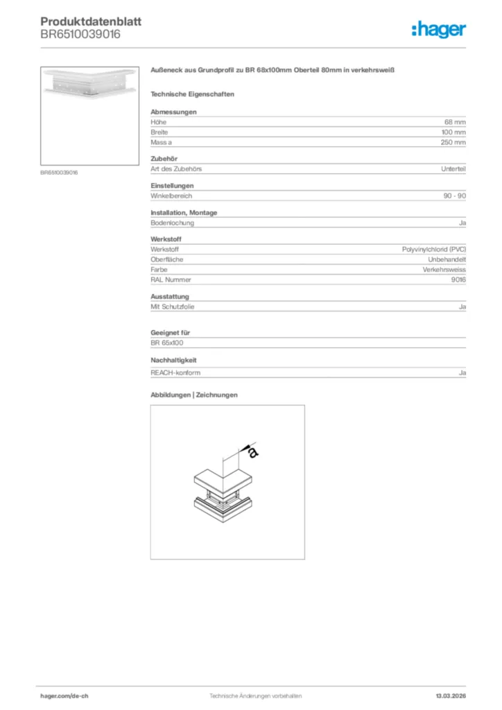 Bild Hager Produktdatenblatt BR6510039016 | Hager Schweiz