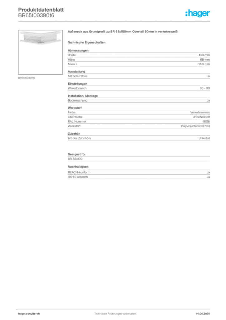 Bild Hager Produktdatenblatt BR6510039016 | Hager Schweiz
