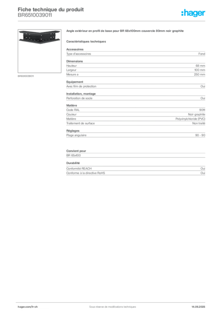 Image Hager Fiche technique du produit BR6510039011 | Hager Suisse