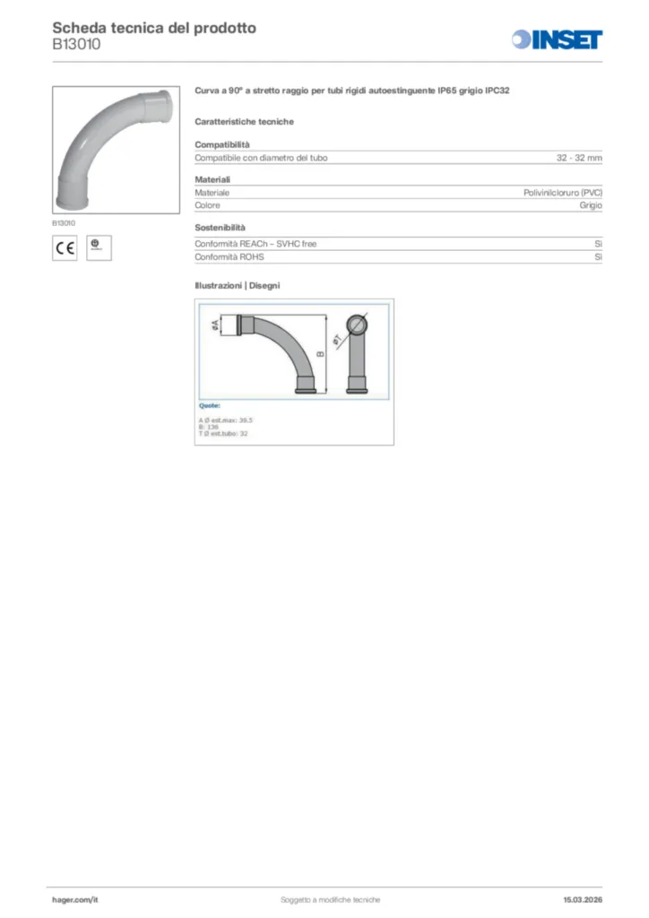 Immagine Inset Scheda tecnica del prodotto B13010 | Hager Italia