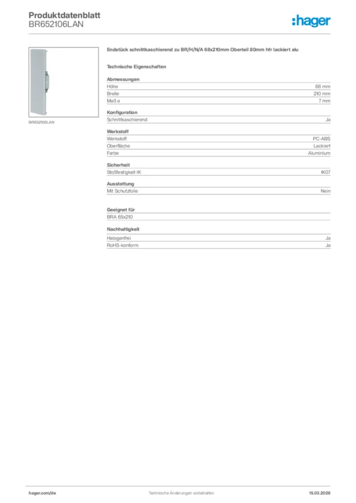 Bild Hager Produktdatenblatt BR652106LAN | Hager Deutschland