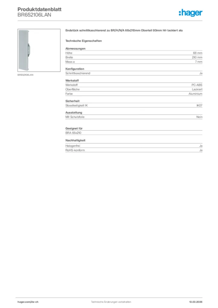 Bild Hager Produktdatenblatt BR652106LAN | Hager Schweiz